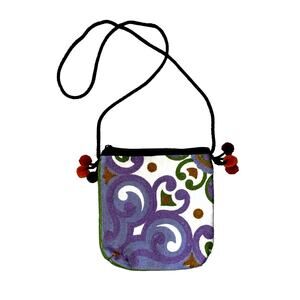 Abstract Purple & Cream Chain Stitched with Poms Pouch Bag